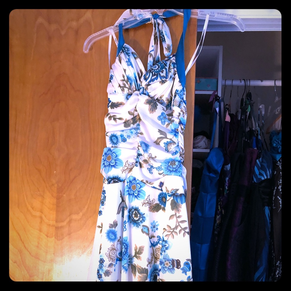 Halter white and blue floral dress